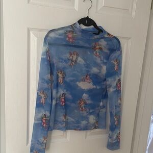 SHEIN Blue Angel Print Mesh Top